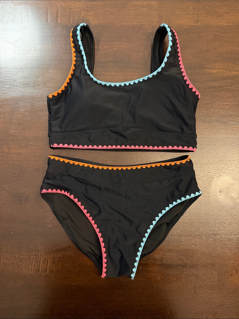 Girls Black Two-Piece Bikini with Pink, Orange & Light Blue Trim